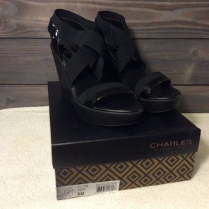 Charles by Charles David Black-EP Elastic Patent Leather Platform Wedge Sandals